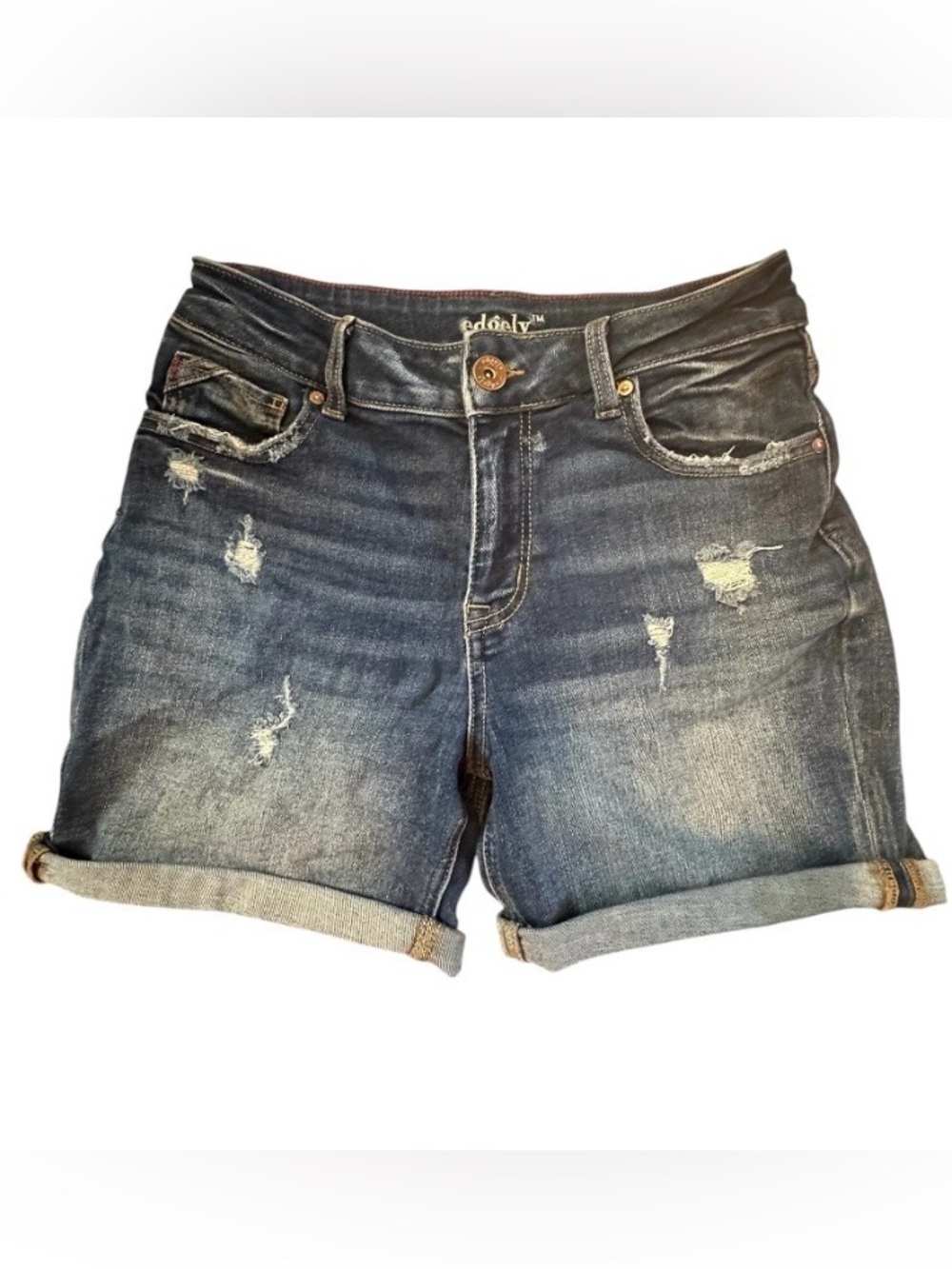 Edgely High Rise Distressed Denim Shorts Womens Size 6 Med Wash Cuffed Stretch